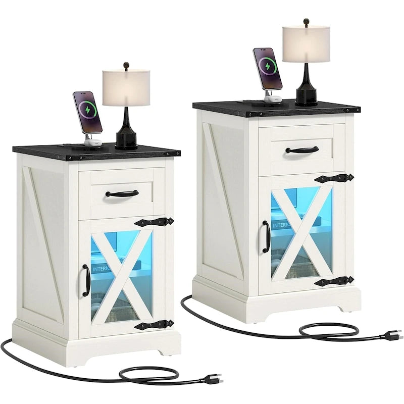 Set di 2 tavolini con cassetto e presa di corrente, tavolino laterale con luce LED e stazione di ricarica