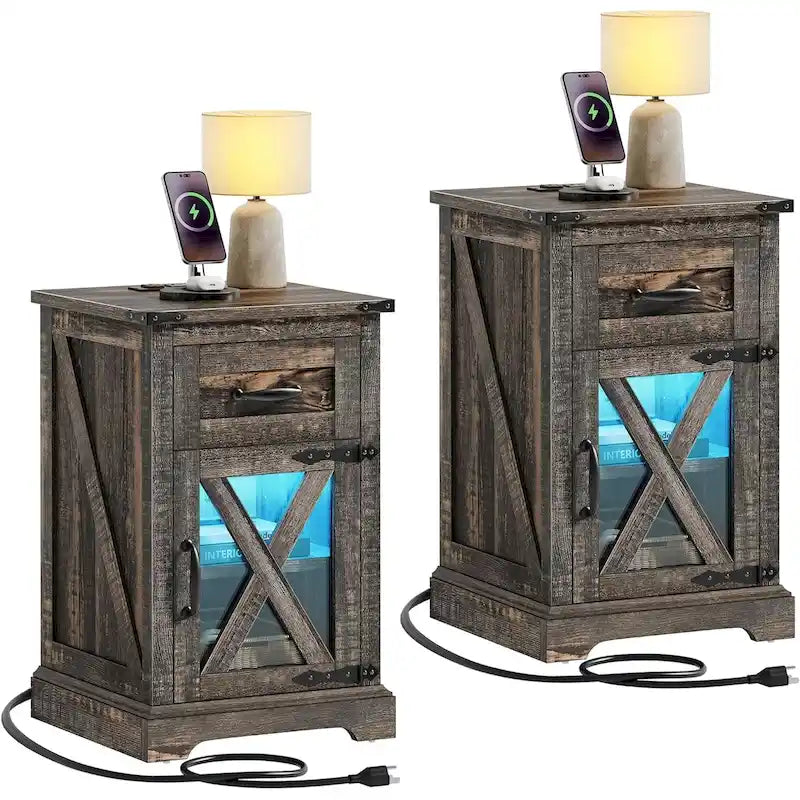 Set di 2 tavolini con cassetto e presa di corrente, tavolino laterale con luce LED e stazione di ricarica