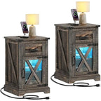 Set di 2 tavolini con cassetto e presa di corrente, tavolino laterale con luce LED e stazione di ricarica