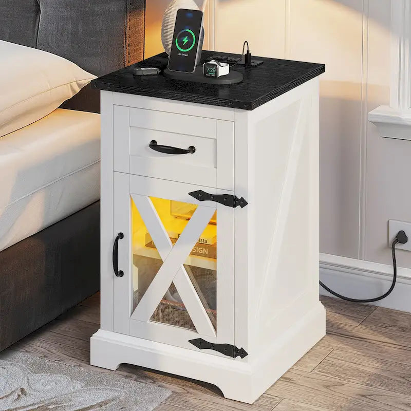 Set di 2 tavolini con cassetto e presa di corrente, tavolino laterale con luce LED e stazione di ricarica