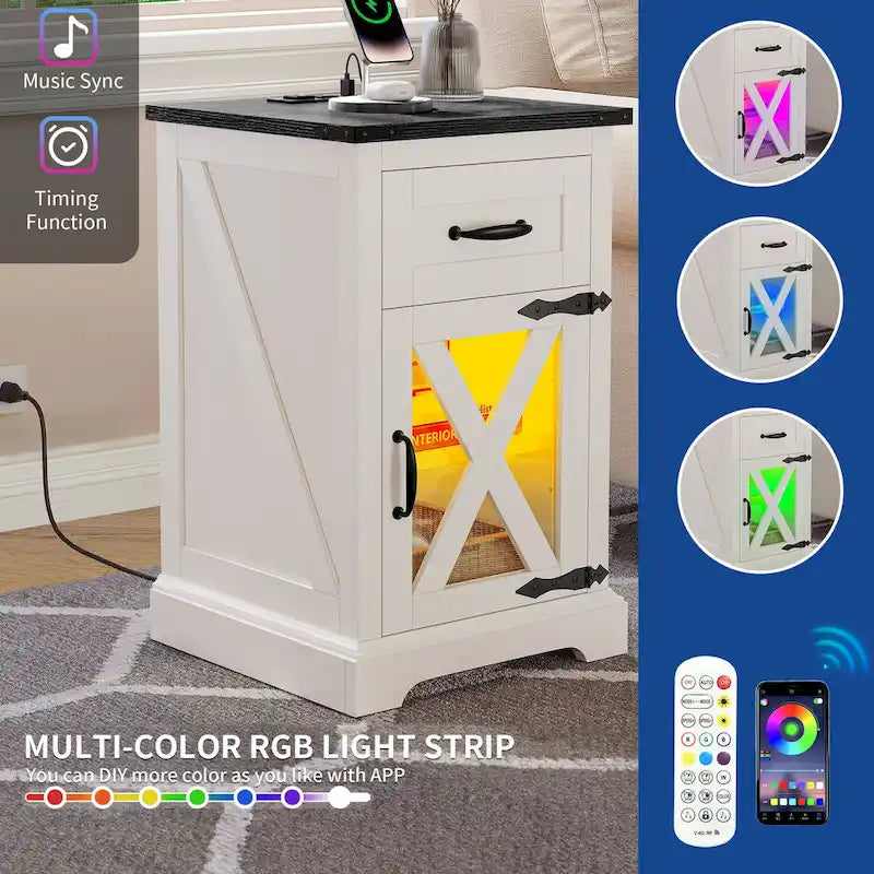 Set di 2 tavolini con cassetto e presa di corrente, tavolino laterale con luce LED e stazione di ricarica