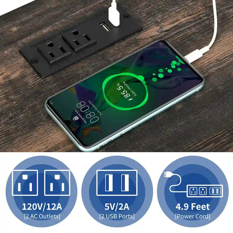 Set di 2 tavolini con cassetto e presa di corrente, tavolino laterale con luce LED e stazione di ricarica