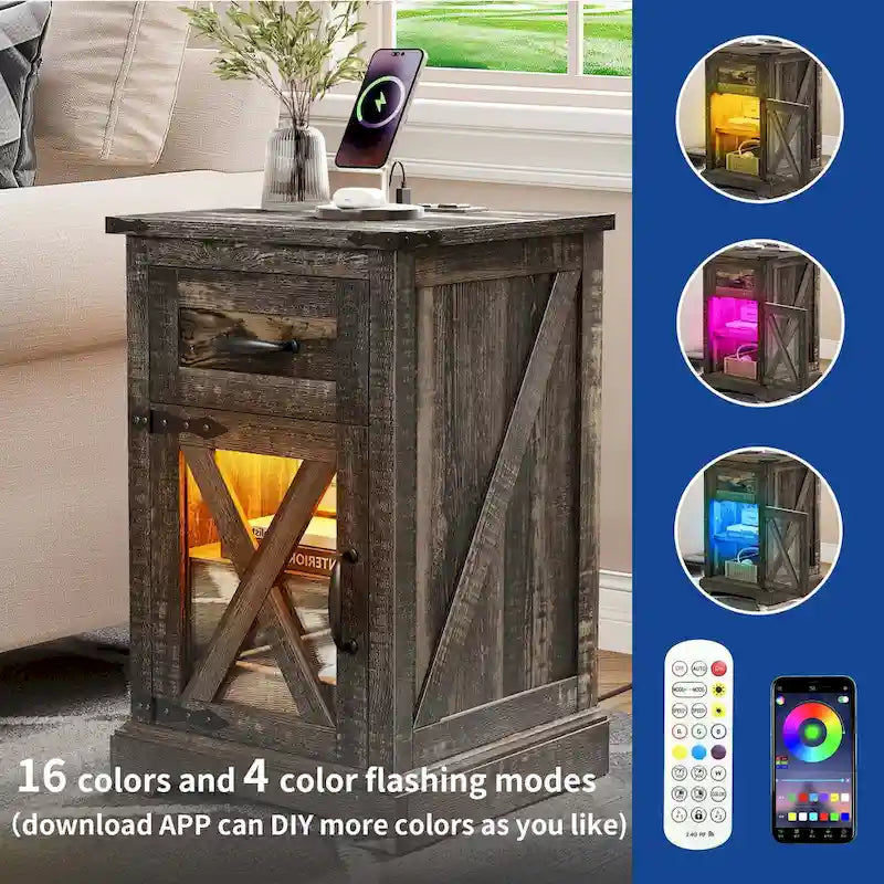 Set di 2 tavolini con cassetto e presa di corrente, tavolino laterale con luce LED e stazione di ricarica