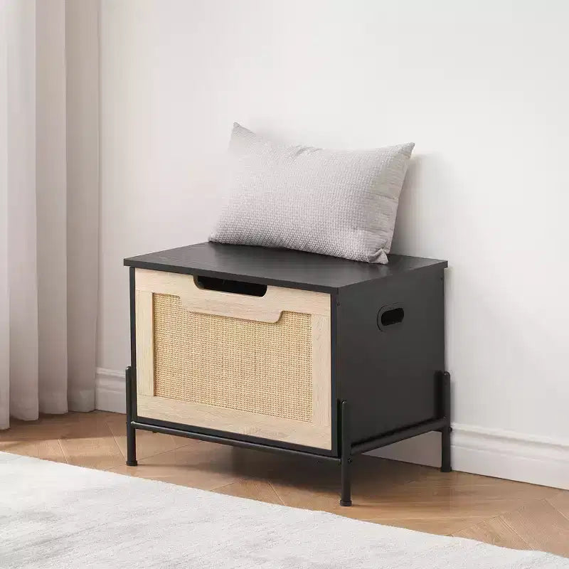 Rattan Storage Bench with Seat Cushion for Entryway, Living Room, Bedroom, Black