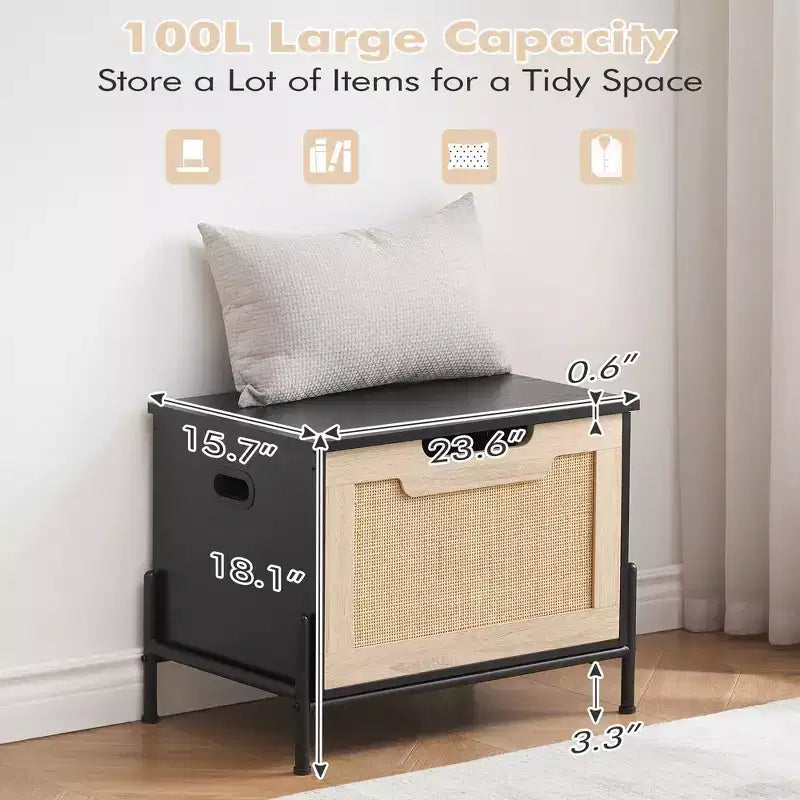 Panca portaoggetti in rattan con cuscino per ingresso, soggiorno, camera da letto, nero