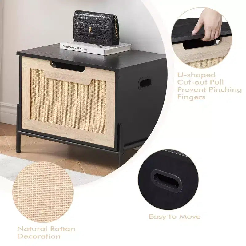 Panca portaoggetti in rattan con cuscino per ingresso, soggiorno, camera da letto, nero