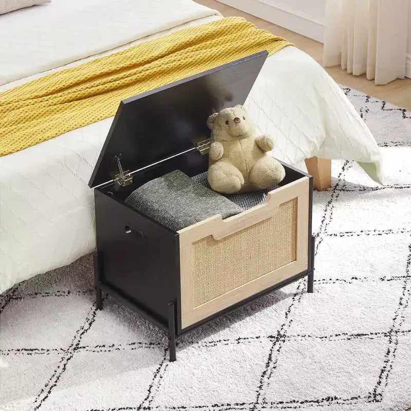Panca portaoggetti in rattan con cuscino per ingresso, soggiorno, camera da letto, nero