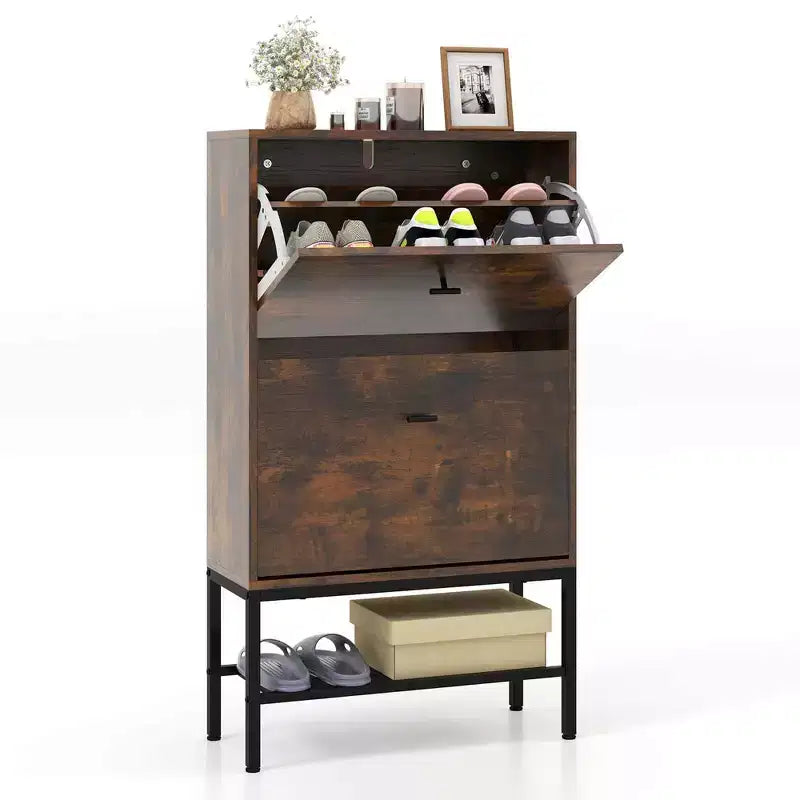 Costway Industrial Shoe Storage Cabinet with 2 Flip Drawers 1 Bottom Metal Shelf Organizer