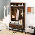 Costway 69 Mobile da Ingresso Alto con Cuscino, Scomparti Aperti, Ganci, Vano Contenitore Sollevabile, Bianco/Nero/Marrone Rustico