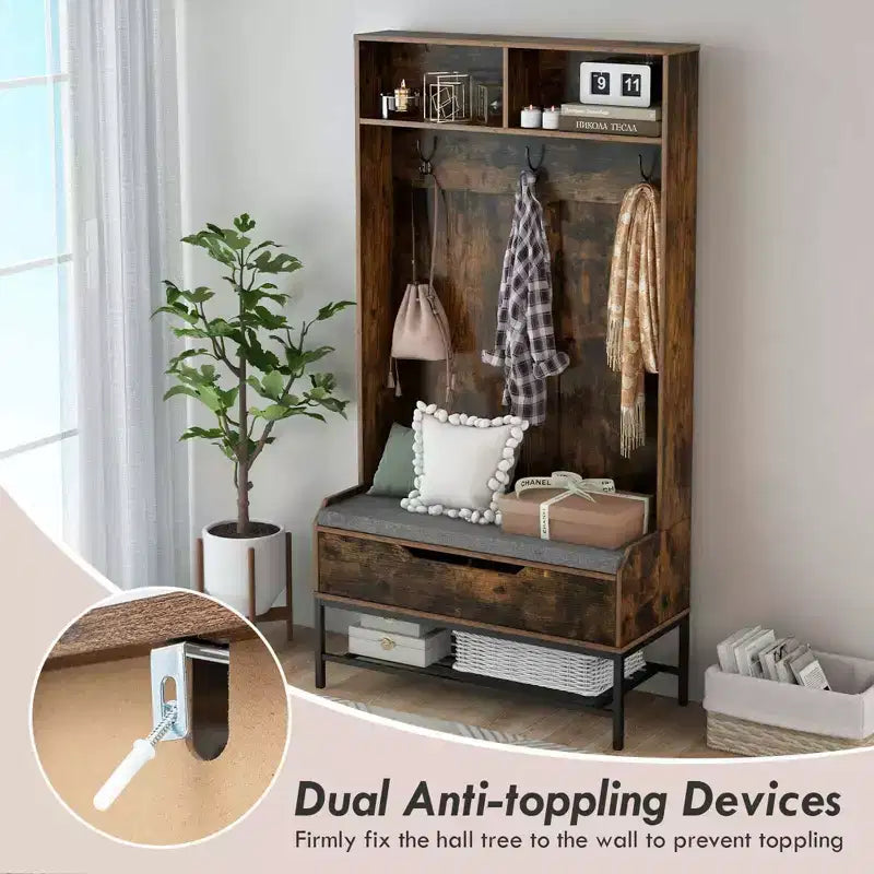 Costway 69 Mobile da Ingresso Alto con Cuscino, Scomparti Aperti, Ganci, Vano Contenitore Sollevabile, Bianco/Nero/Marrone Rustico