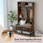 Costway 69 Mobile da Ingresso Alto con Cuscino, Scomparti Aperti, Ganci, Vano Contenitore Sollevabile, Bianco/Nero/Marrone Rustico