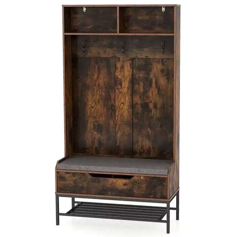 Costway 69 Mobile da Ingresso Alto con Cuscino, Scomparti Aperti, Ganci, Vano Contenitore Sollevabile, Bianco/Nero/Marrone Rustico