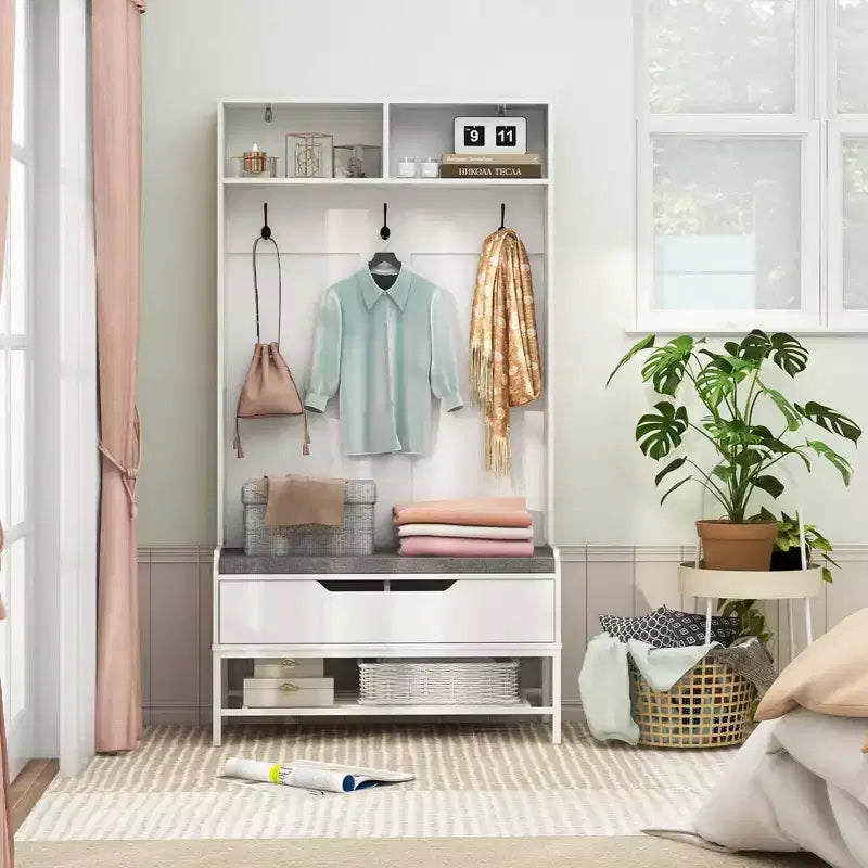 Costway 69 Mobile da Ingresso Alto con Cuscino, Scomparti Aperti, Ganci, Vano Contenitore Sollevabile, Bianco/Nero/Marrone Rustico
