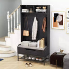 Costway 69 Mobile da Ingresso Alto con Cuscino, Scomparti Aperti, Ganci, Vano Contenitore Sollevabile, Bianco/Nero/Marrone Rustico