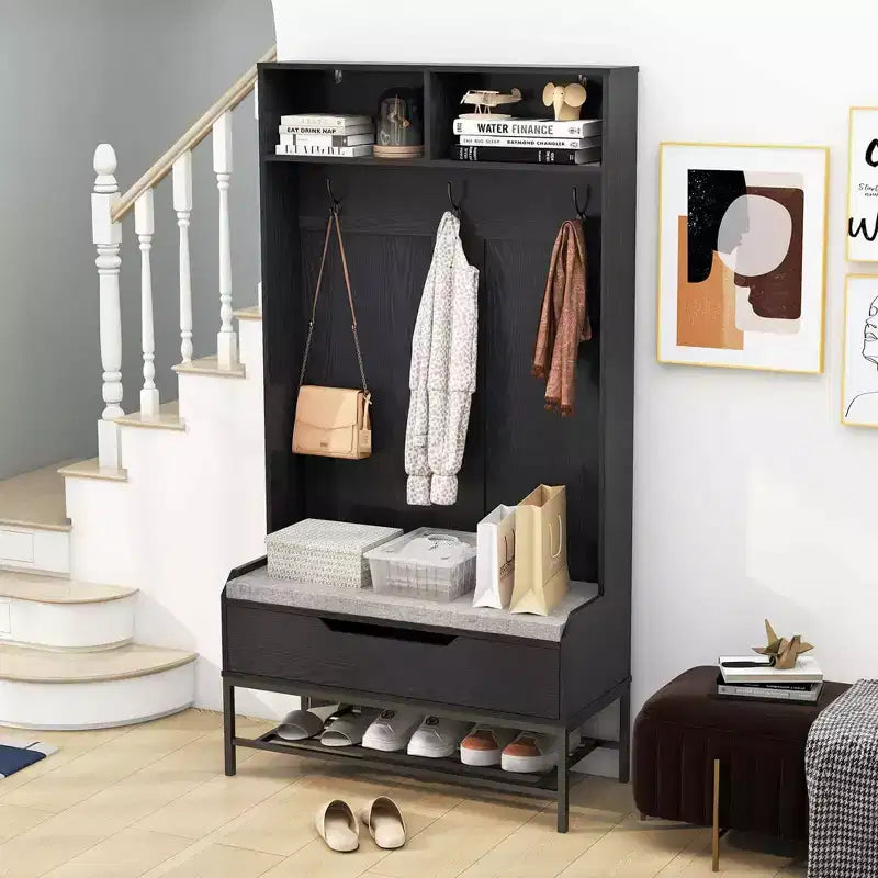 Costway 69 Mobile da Ingresso Alto con Cuscino, Scomparti Aperti, Ganci, Vano Contenitore Sollevabile, Bianco/Nero/Marrone Rustico