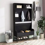 Costway 69 Mobile da Ingresso Alto con Cuscino, Scomparti Aperti, Ganci, Vano Contenitore Sollevabile, Bianco/Nero/Marrone Rustico