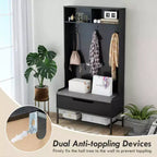 Costway 69 Mobile da Ingresso Alto con Cuscino, Scomparti Aperti, Ganci, Vano Contenitore Sollevabile, Bianco/Nero/Marrone Rustico