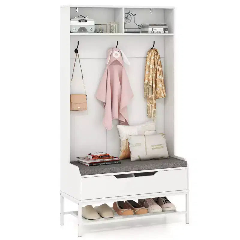 Costway 69 Mobile da Ingresso Alto con Cuscino, Scomparti Aperti, Ganci, Vano Contenitore Sollevabile, Bianco/Nero/Marrone Rustico