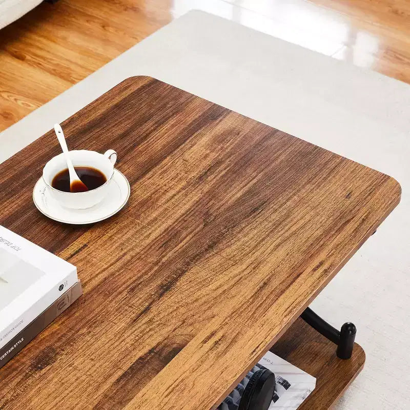 Tavolino da caffè in legno VECELO con contenitore e ripiani aperti, tavolo rettangolare moderno con struttura a X