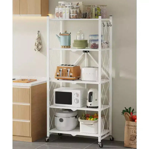 5-Tier Foldable Metal Storage Shelf with Wheels and Side Hooks Heavy Duty Organizer Rack White