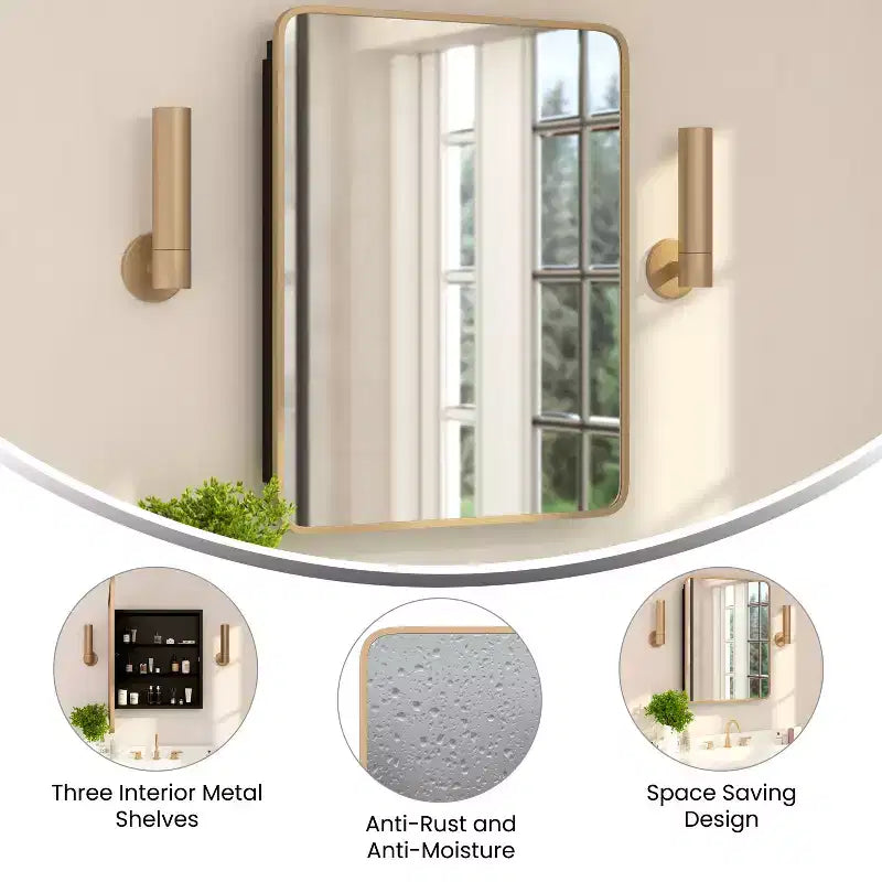 Flash Furniture Jolie Pensile da bagno a incasso con specchio smussato arrotondato e cornice in metallo reversibile