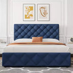 Struttura letto Whizmax con 4 cassetti contenitore, struttura letto a piattaforma imbottita in lino con testiera regolabile, trapuntatura a rombi con bottoni, blu