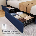Struttura letto Whizmax con 4 cassetti contenitore, struttura letto a piattaforma imbottita in lino con testiera regolabile, trapuntatura a rombi con bottoni, blu