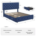 Struttura letto Whizmax con 4 cassetti contenitore, struttura letto a piattaforma imbottita in lino con testiera regolabile, trapuntatura a rombi con bottoni, blu