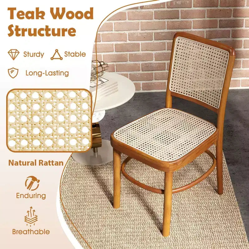 Costway Set di 2/4 sedie da pranzo Boho con struttura in legno di teak e poggiapiedi per uso interno
