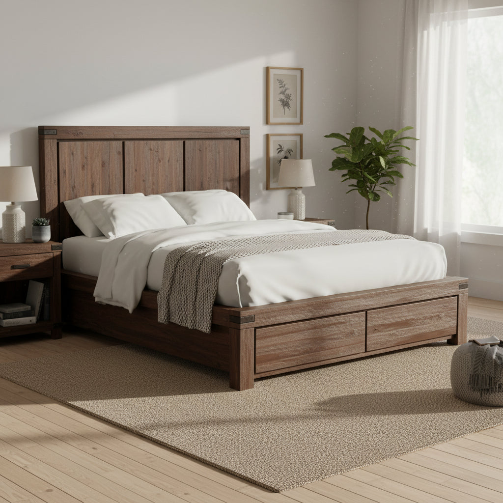 Letto contenitore con pediera in legno massello, color marrone mattone