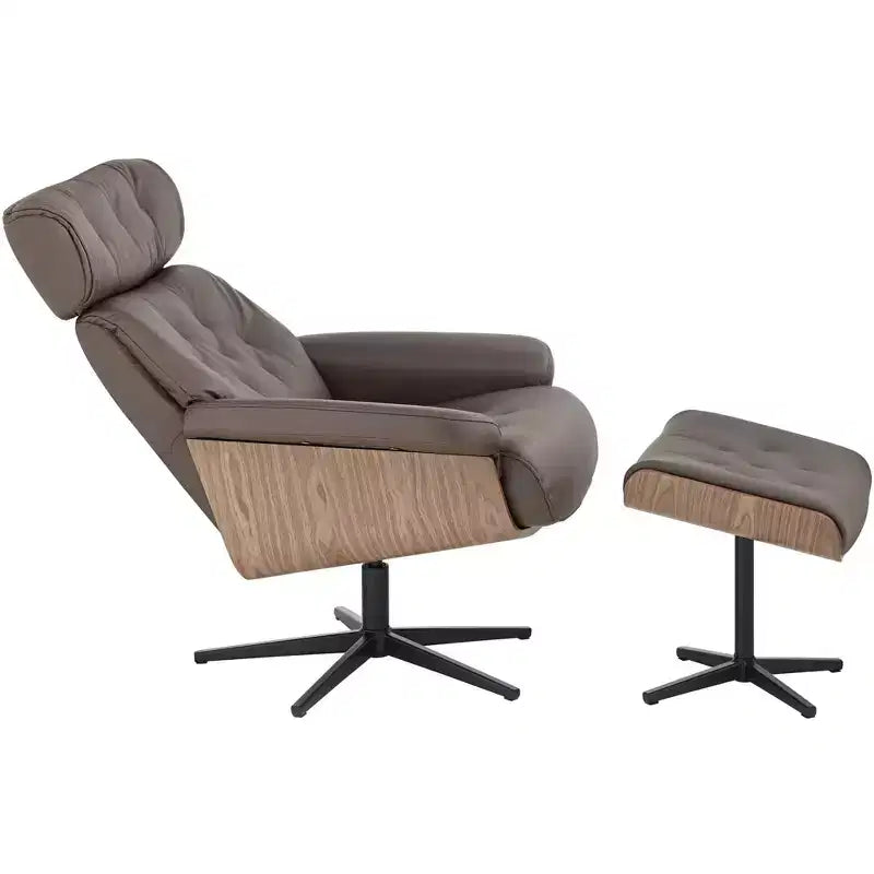 Poltrona reclinabile girevole in similpelle trapuntata Melia Chocolate BenchMaster con poggiapiedi inclinato