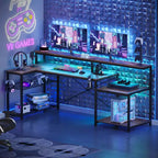 Scrivania da gaming Bestier 71.5 a LED con presa di corrente, scrivania ad L per computer con supporto per monitor