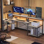 Scrivania da gaming Bestier 71.5 a LED con presa di corrente, scrivania ad L per computer con supporto per monitor
