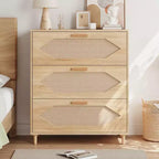 Garvee Comodino/Cassettiera a 3 Cassetti per Camera da Letto, Cassettiera con Frontale in Rattan, Comodino/Mobiletto Contenitore in Legno Rustico per Soggiorno/Ingresso