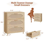 Garvee Comodino/Cassettiera a 3 Cassetti per Camera da Letto, Cassettiera con Frontale in Rattan, Comodino/Mobiletto Contenitore in Legno Rustico per Soggiorno/Ingresso
