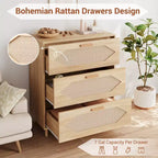 Garvee Comodino/Cassettiera a 3 Cassetti per Camera da Letto, Cassettiera con Frontale in Rattan, Comodino/Mobiletto Contenitore in Legno Rustico per Soggiorno/Ingresso