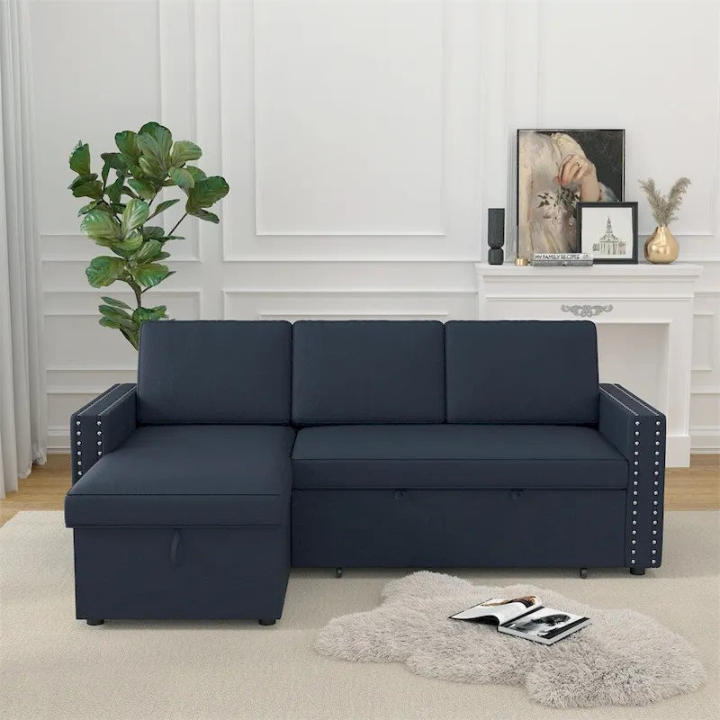 Divano Letto 3 Posti 85" con Chaise Contenitore, Estraibile e Borchie Ramate