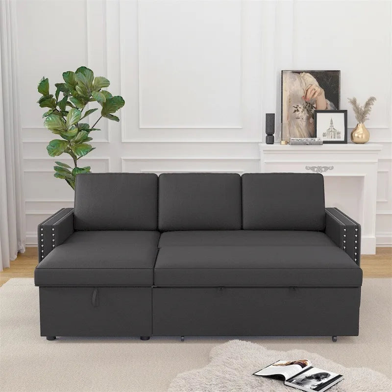 Divano Letto 3 Posti 85" con Chaise Contenitore, Estraibile e Borchie Ramate
