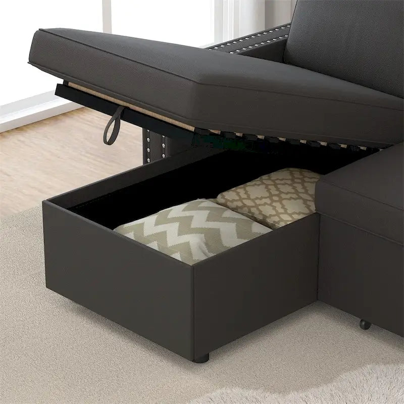 Divano Letto 3 Posti 85" con Chaise Contenitore, Estraibile e Borchie Ramate