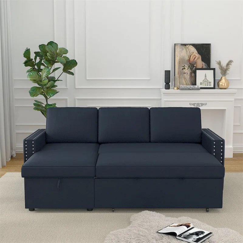 Divano Letto 3 Posti 85" con Chaise Contenitore, Estraibile e Borchie Ramate
