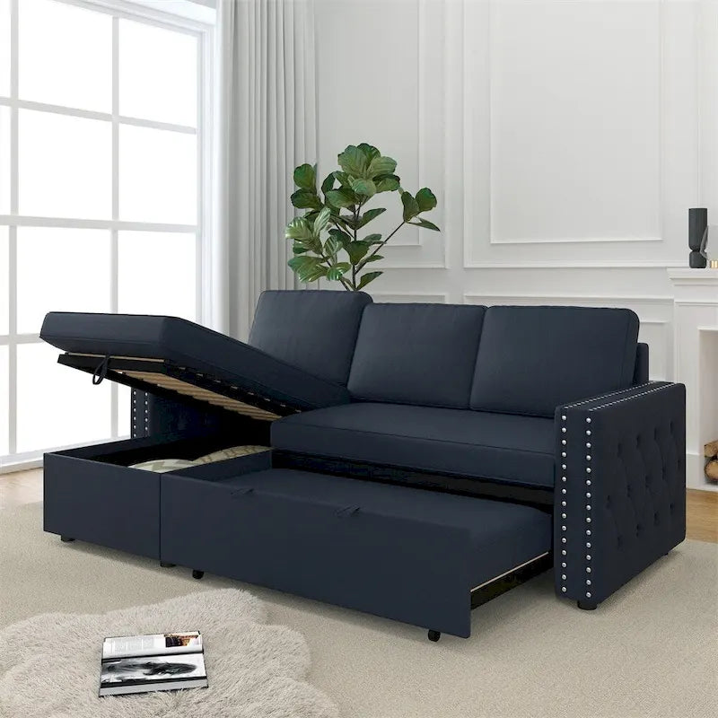 Divano Letto 3 Posti 85" con Chaise Contenitore, Estraibile e Borchie Ramate