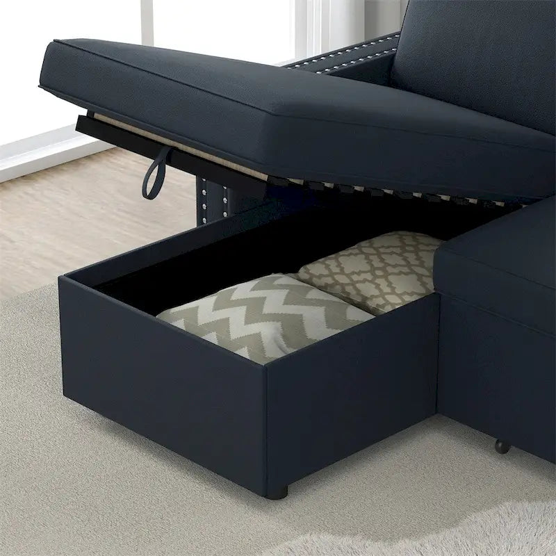 Divano Letto 3 Posti 85" con Chaise Contenitore, Estraibile e Borchie Ramate