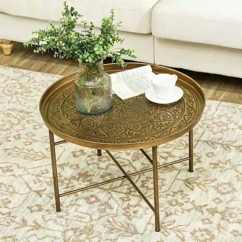 Table basse ronde de 24 pouces avec plateau martelé, table d'appoint vintage en métal pour salon, chambre à coucher, or