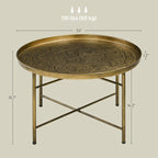 Table basse ronde de 24 pouces avec plateau martelé, table d'appoint vintage en métal pour salon, chambre à coucher, or