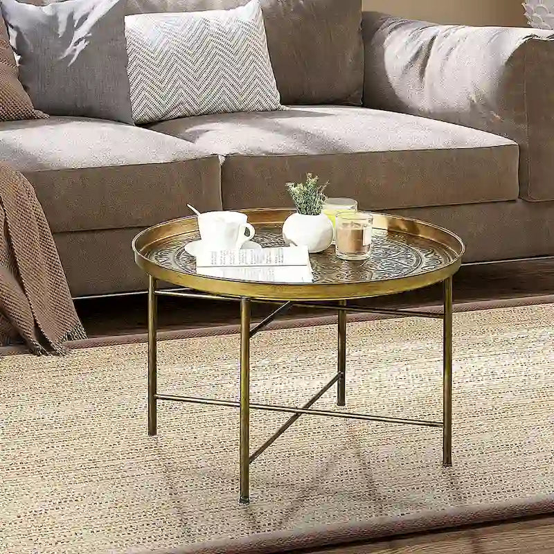 Table basse ronde de 24 pouces avec plateau martelé, table d'appoint vintage en métal pour salon, chambre à coucher, or