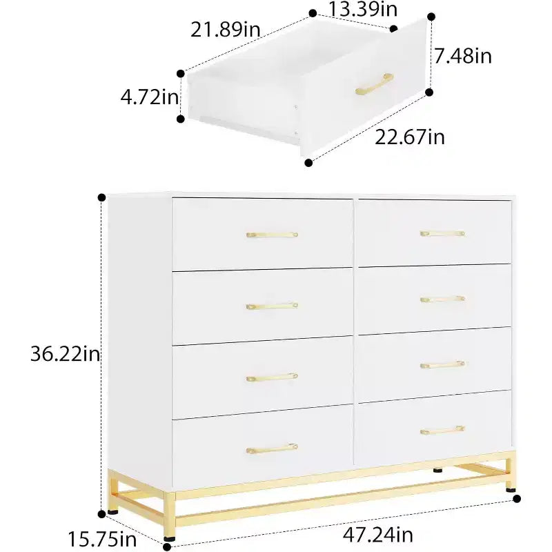 Cassettiera doppia a 8 cassetti con cassetti ampi e maniglie dorate
