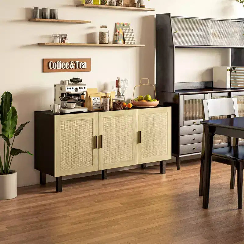 HOMCOM Credenza Buffet, Mobile da Cucina e Mobile Bar con 3 Ante in Rattan e Ripiani Regolabili