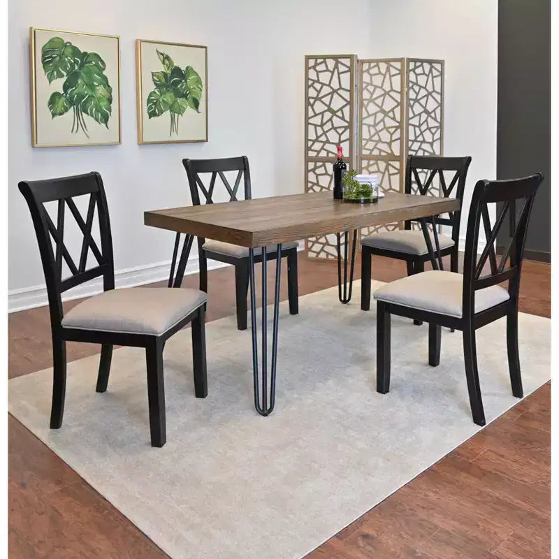 Roundhill Furniture Arroyo Set da pranzo, tavolo da pranzo a forcina con 4 sedie con schienale a croce, nero intenso, 5 pezzi