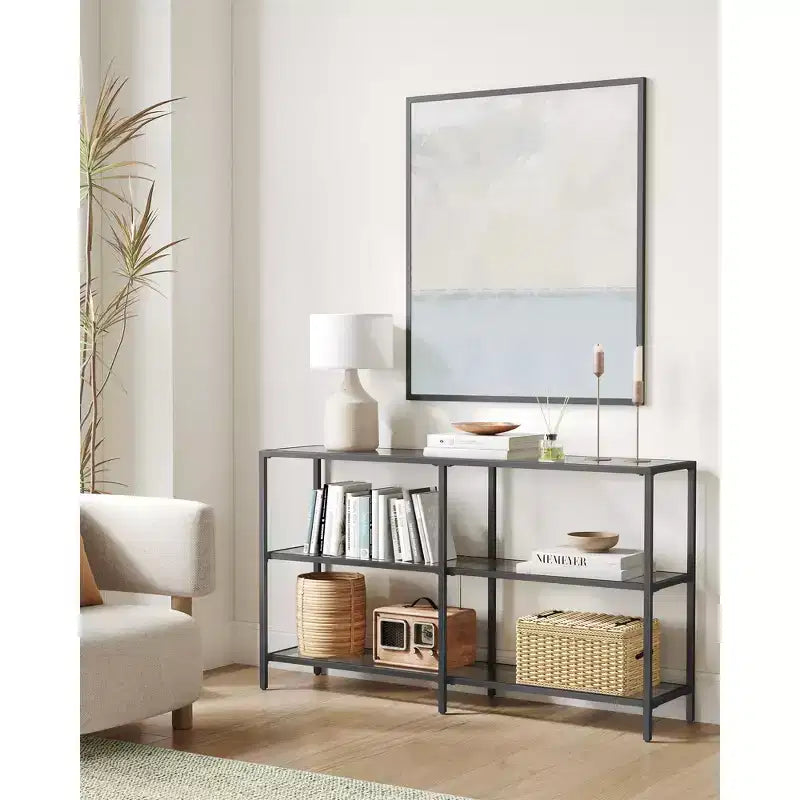 VASAGLE Tavolo Console da 130 cm con 3 Ripiani, Tavolo da Divano, Tavolo da Ingresso, Struttura in Metallo, Ripiano in Vetro Temperato, Stile Moderno