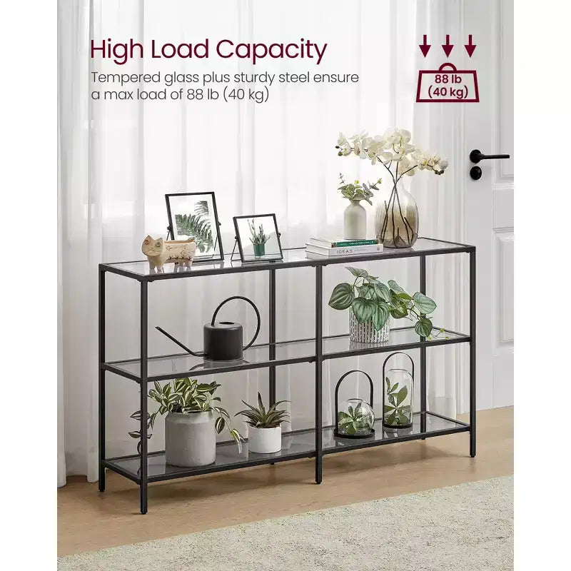 VASAGLE Tavolo Console da 130 cm con 3 Ripiani, Tavolo da Divano, Tavolo da Ingresso, Struttura in Metallo, Ripiano in Vetro Temperato, Stile Moderno